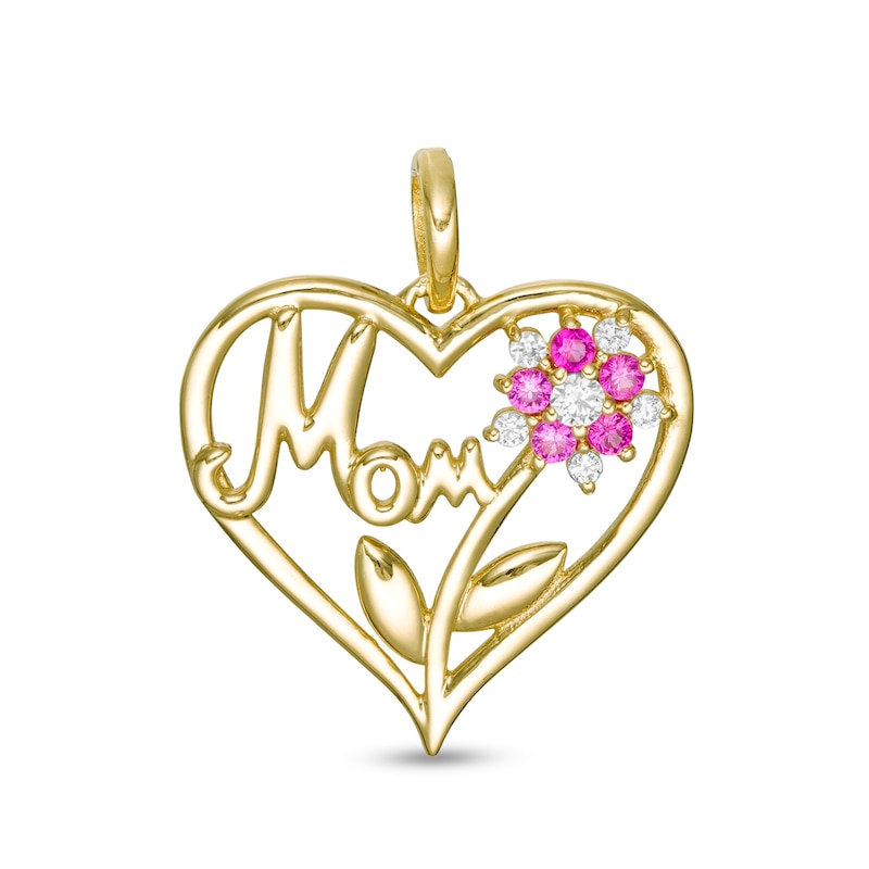 Red and White Cubic Zirconia Flower with "Mom" Heart Necklace Charm in 10K Semi-Solid Gold