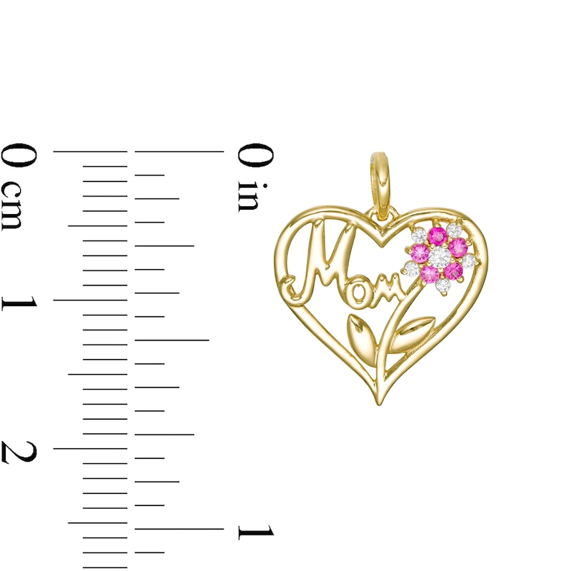 Red and White Cubic Zirconia Flower with "Mom" Heart Necklace Charm in 10K Semi-Solid Gold
