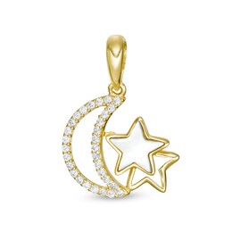 Mother-of-Pearl and Cubic Zirconia Crescent Moon and Stars Necklace Charm in 10K Solid Gold