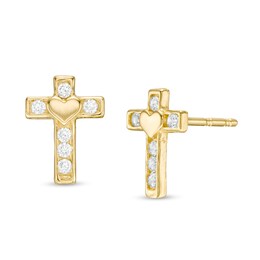 Cubic Zirconia Cross with Heart Stud Earrings in 10K Gold