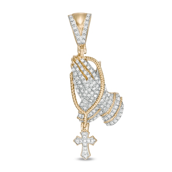 1 3 Ct T W Diamond Praying Hands With Rosary Necklace Charm In 10k Gold Banter - Praying Hands Diamond Pendant