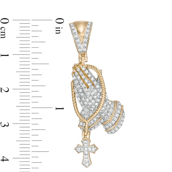 1/3 CT. T.W. Diamond Praying Hands with Rosary Necklace Charm in 10K Gold