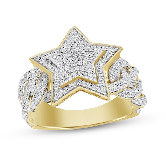 10K Solid Gold Diamond Tiered Star Chain Link Ring