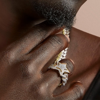 10K Solid Gold Diamond Tiered Star Chain Link Ring