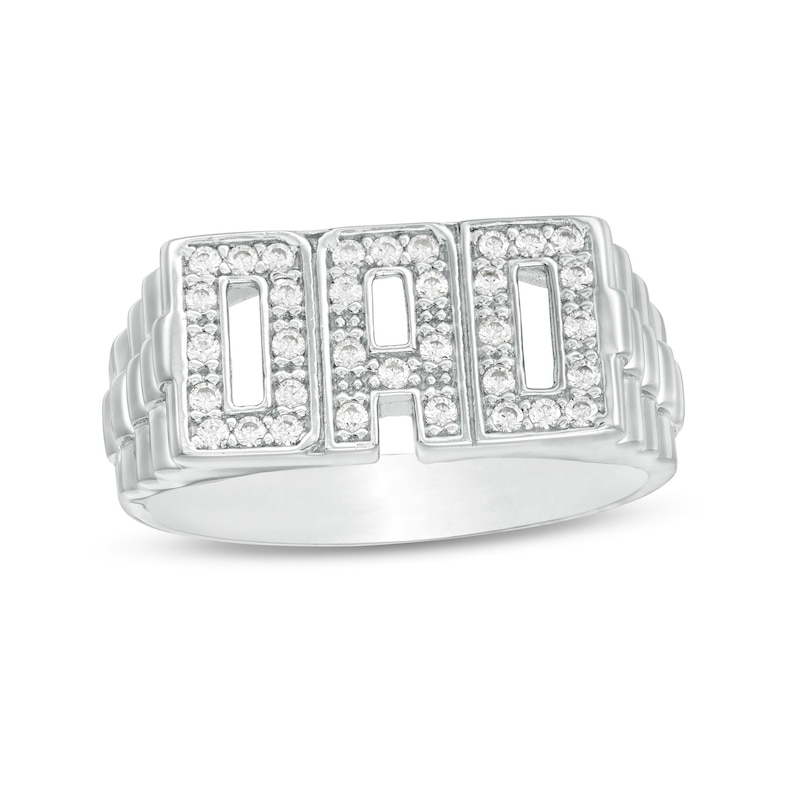 Cubic Zirconia "DAD" Ribbed Shank Ring in Sterling Silver - Size 10