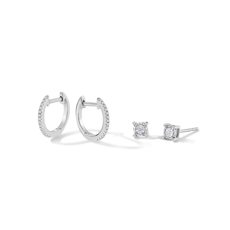 1/5 CT. T.W. Diamond Solitaire Stud and 9.5mm Huggie Hoop Earrings Two Pair Set in Sterling Silver