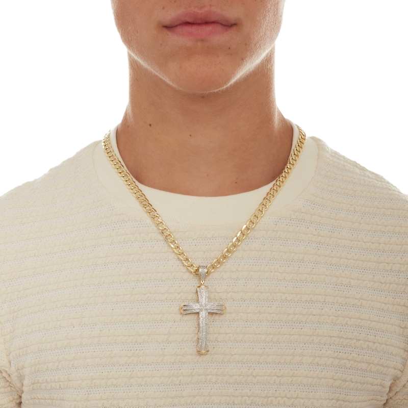 Main Image 3 of 1/5 CT. T.W. Diamond Multi-Row Cross Necklace Charm in 10K Gold