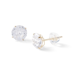 7mm Cubic Zirconia checkerboard Groove Solitaire Stud Earrings in 14K Gold