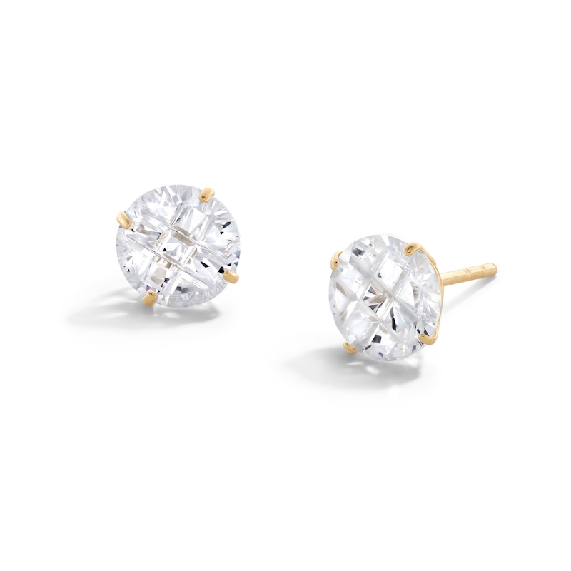 7mm Cubic Zirconia checkerboard Groove Solitaire Stud Earrings in 14K Gold