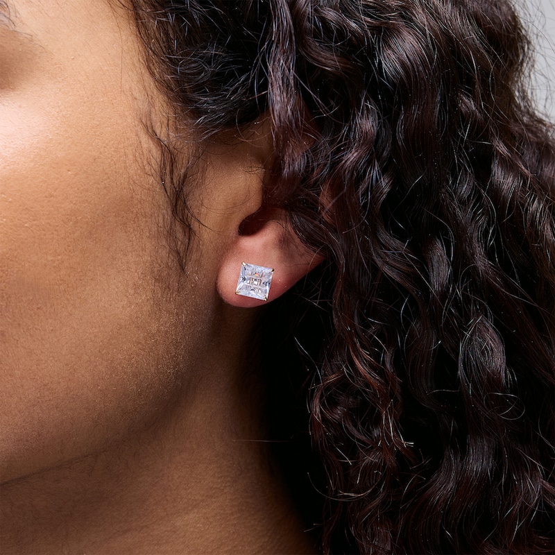 Main Image 2 of 8mm Princess-Cut checkerboard Groove Cubic Zirconia Solitaire Stud Earrings in 14K Gold