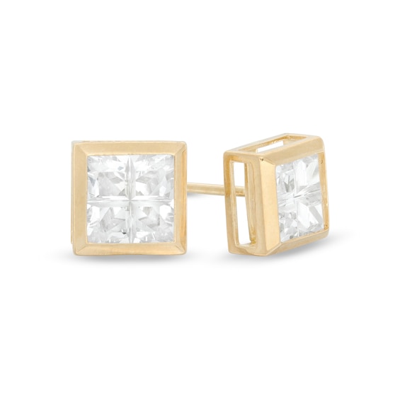 10K Solid Gold CZ Princess-Cut Square Groove Studs