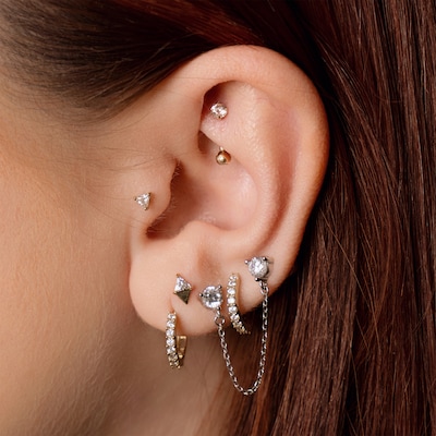 14K Tube Gold Trillion-Cut CZ Geometric Barbell - 18G 5/16"