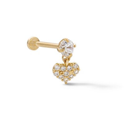 14K Tube Gold CZ Composite Heart Dangle Stud - 18G 5/16"