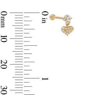 14K Tube Gold CZ Composite Heart Dangle Stud - 18G 5/16"