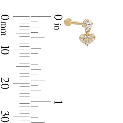 14K Tube Gold CZ Composite Heart Dangle Stud - 18G 5/16"