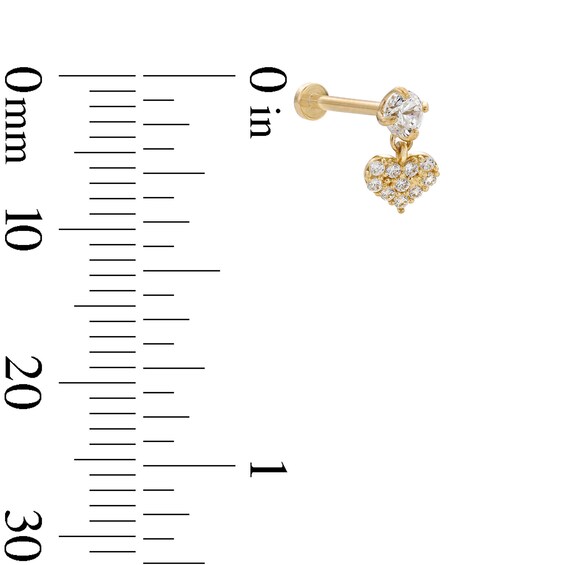 14K Tube Gold CZ Composite Heart Dangle Stud - 18G 5/16"