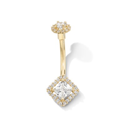 10K Solid Gold CZ Princess-Cut Frame Belly Button Ring