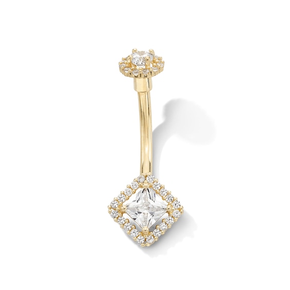 10K Solid Gold CZ Princess-Cut Frame Belly Button Ring - 14G 3/8"