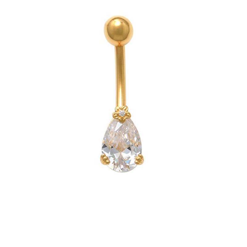 014 Gauge Pear-Shaped Cubic Zirconia Flower Accent Belly Button Ring in 10K Gold
