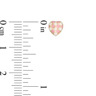 Child's Pink and White Enamel Checkered Heart Stud Earrings in 10K Gold