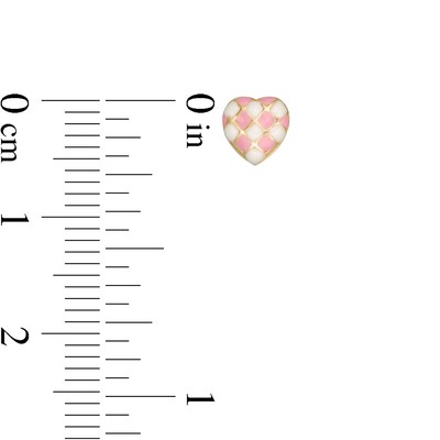 Child's Pink and White Enamel Checkered Heart Stud Earrings in 10K Gold