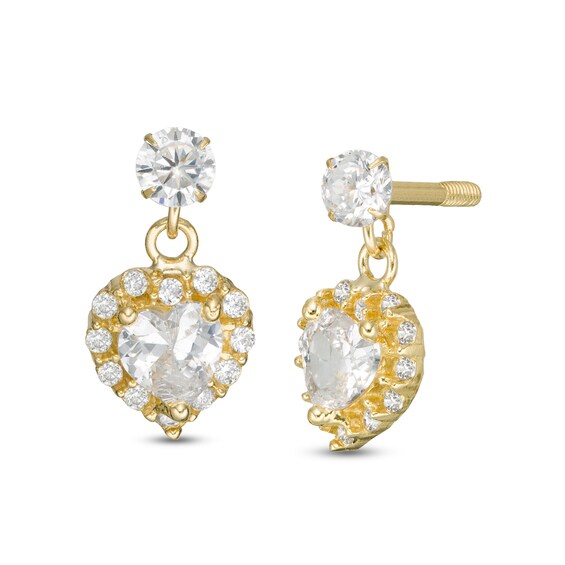 Child's Heart-Shaped Cubic Zirconia Frame Dangle Drop Earrings in 10K Gold