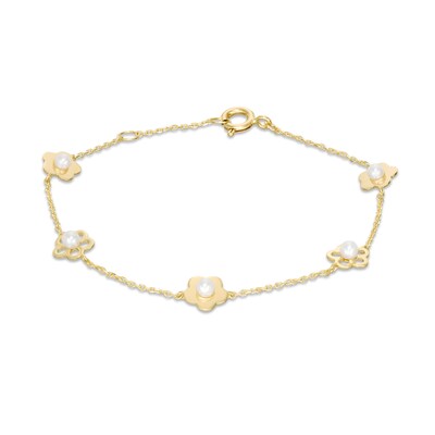 Child's Freshwater Cultured Pearl Flower Station Bracelet in 10K Gold - 6.5"