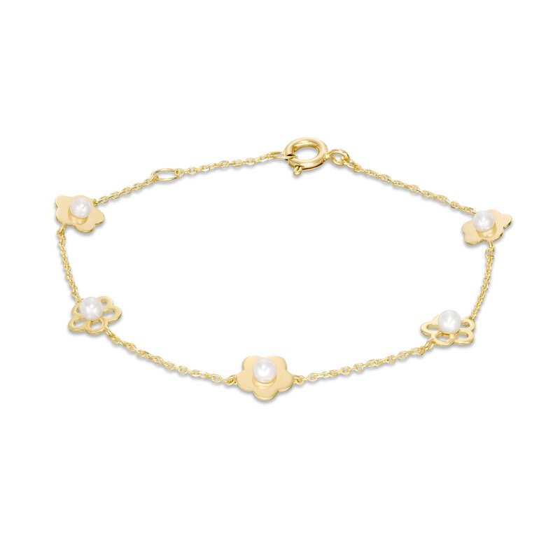 Child's Freshwater Cultured Pearl Flower Station Bracelet in 10K Gold - 6.5"