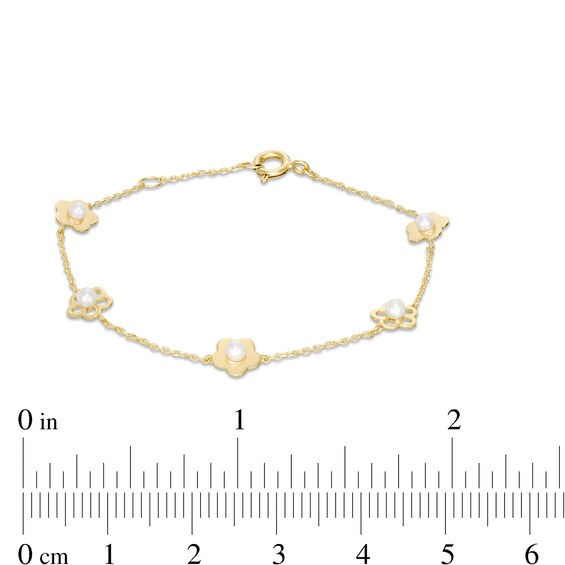Child's Freshwater Cultured Pearl Flower Station Bracelet in 10K Gold - 6.5"