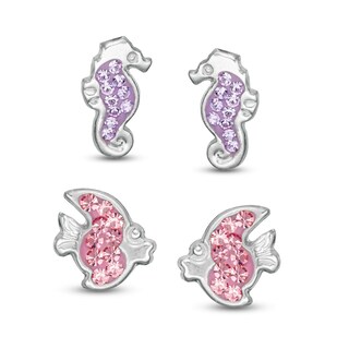 Child's Purple and Pink Crystal Enamel Fish Stud Earrings Set in Sterling Silver