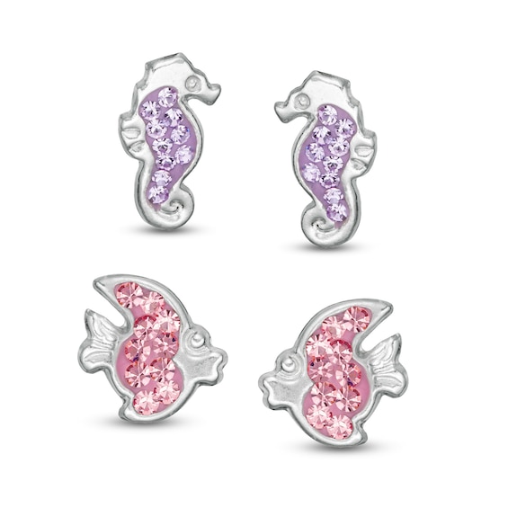 Child's Purple and Pink Crystal Enamel Fish Stud Earrings Set in Sterling Silver