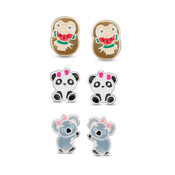 Child's Enamel Animal Stud Earrings Set in Sterling Silver