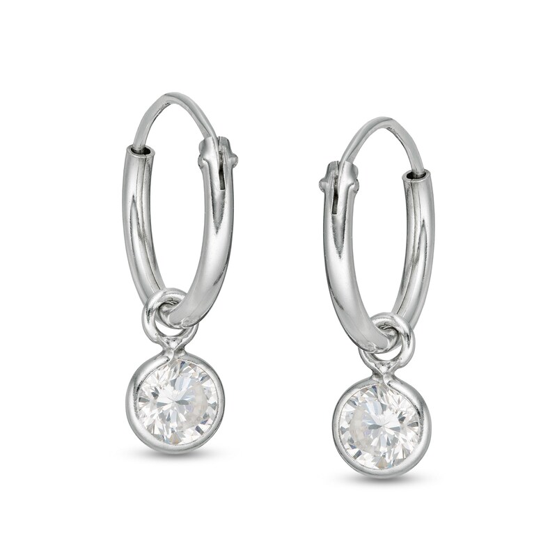 Child's Cubic Zirconia Solitaire Dangle Hoop Earrings in Sterling Silver