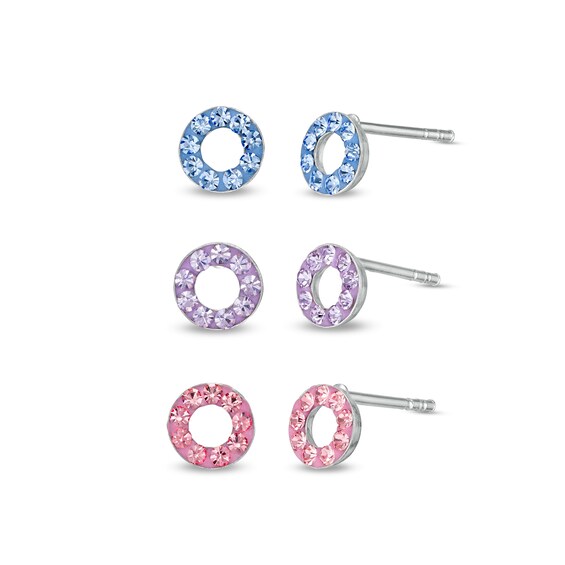 Child's Blue, Purple, and Pink Crystal Circle Stud Earrings Set in Sterling Silver