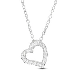 Child's Cubic Zirconia Tilted Heart Pendant in Sterling Silver - 15&quot;