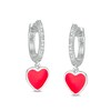 Thumbnail Image 0 of Diamond Accent Huggie with Red Enamel Heart Dangle Hoop Earrings in Sterling Silver
