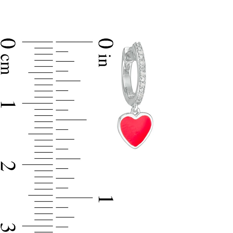 Diamond Accent Huggie with Red Enamel Heart Dangle Hoop Earrings in Sterling Silver