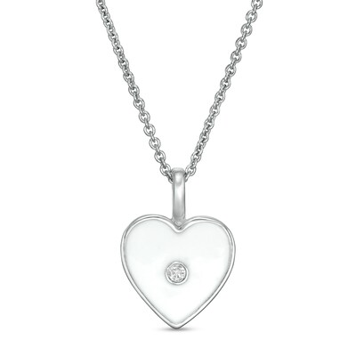 Diamond Accent White Enamel Heart Pendant in Sterling Silver - 16"
