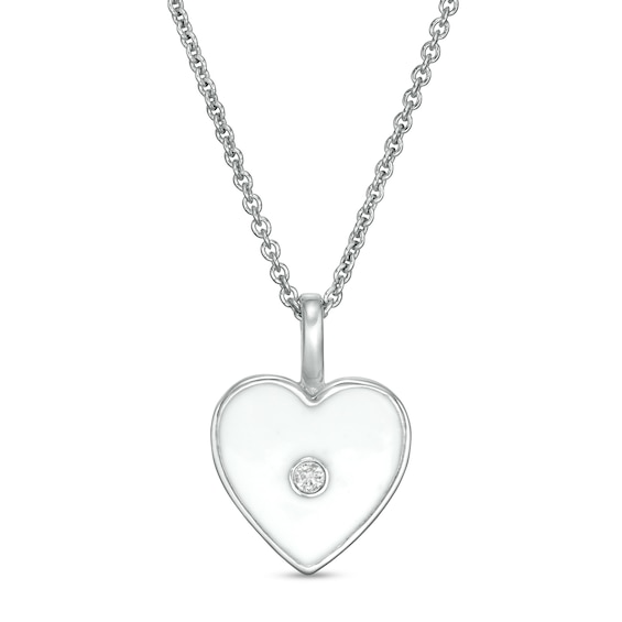 Diamond Accent White Enamel Heart Pendant in Sterling Silver - 16"