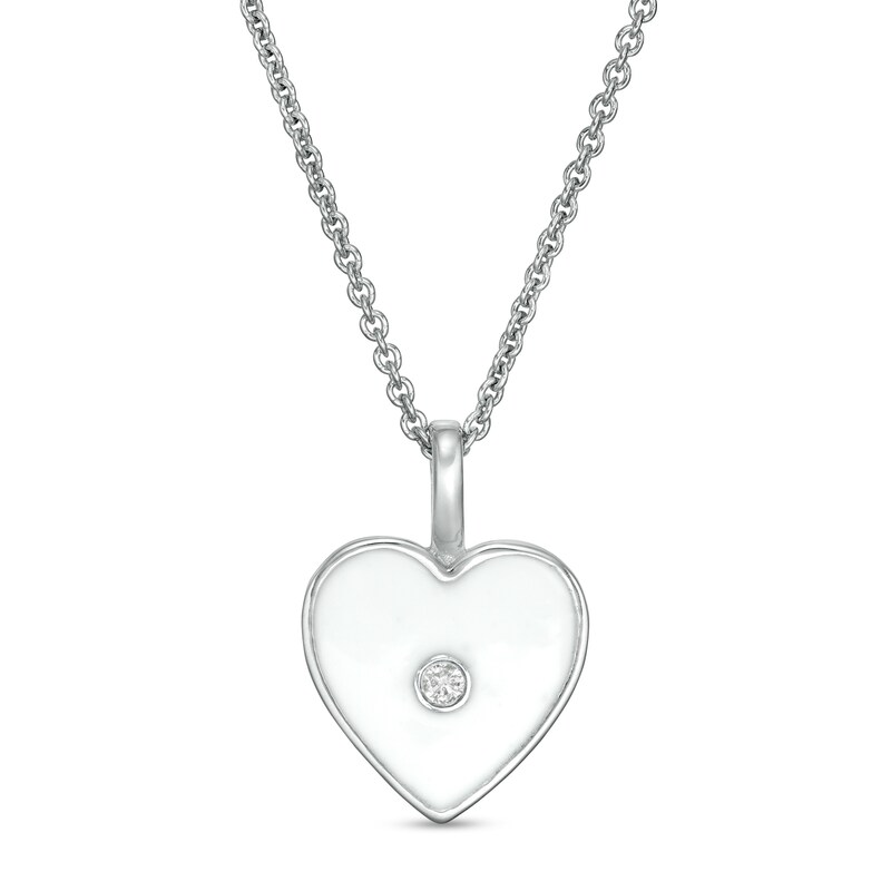 Diamond Accent White Enamel Heart Pendant in Sterling Silver - 16"