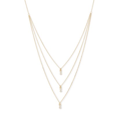 10K Gold CZ Drop Triple Strand Necklace Made in Italy - 12" + 4"