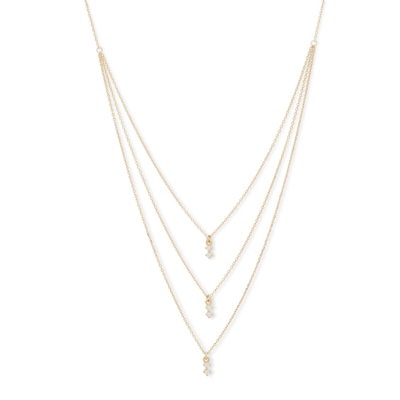 10K Gold CZ Drop Triple Strand Necklace Made in Italy - 12" + 4"