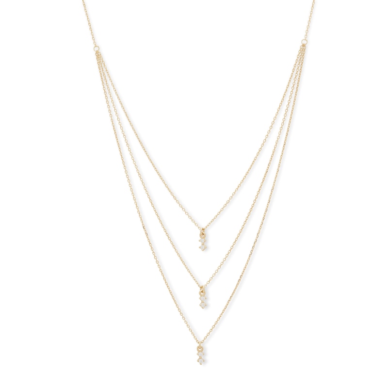Made in Italy Cubic Zirconia Drop Triple Strand Necklace in 10K Solid Rolo Gold and Casting Pendants - 16"