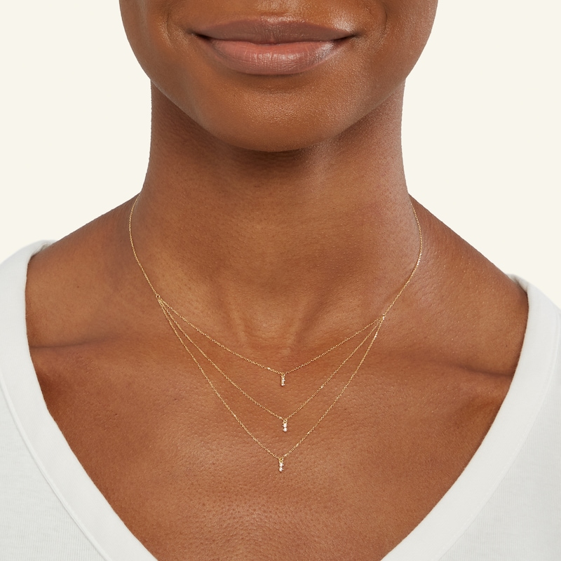 Made in Italy Cubic Zirconia Drop Triple Strand Necklace in 10K Solid Rolo Gold and Casting Pendants - 16"