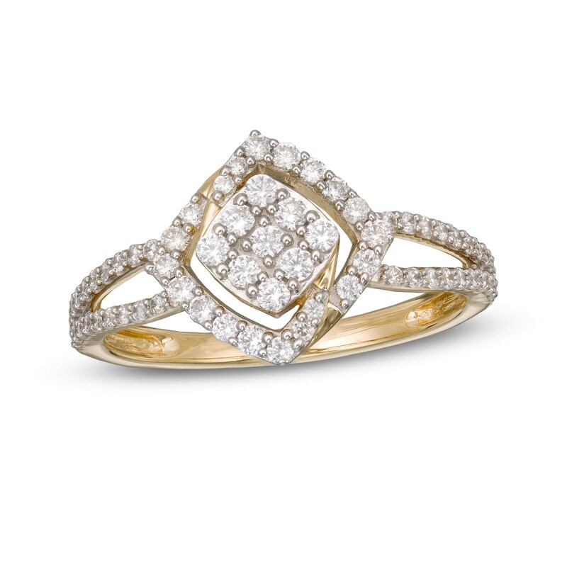 1/2 CT. T.W. Cushion Composite Diamond Bypass Frame Split Shank Ring in 10K Gold