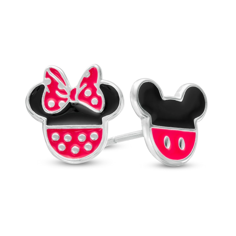 Child's Red and Black Enamel @Disney Mickey Mouse and Minnie Mouse Mismatch Stud Earrings in Sterling Silver
