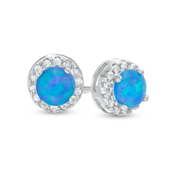 5mm Lab-Created Blue Opal and Cubic Zirconia Frame Stud Earrings in Sterling Silver