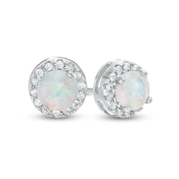 5mm Simulated Opal and Cubic Zirconia Frame Stud Earrings in Solid Sterling Silver