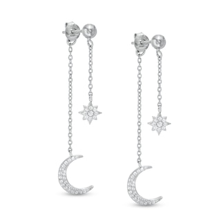 Solid Sterling Silver CZ Star and Moon Double Dangle Drop Earrings