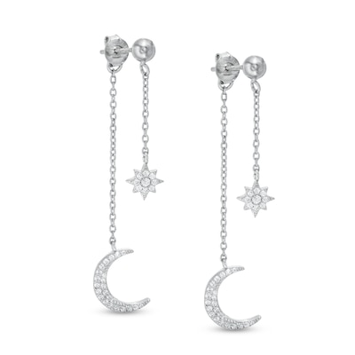 Solid Sterling Silver CZ Star and Moon Double Dangle Drop Earrings